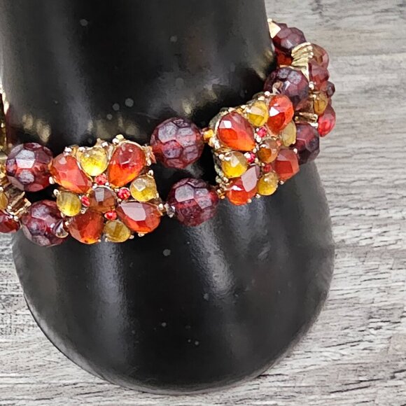 🏆Vintage Retro Gold Tone Faceted Beaded Crystal Bloom Link Stretch Bracelet - Picture 3 of 7